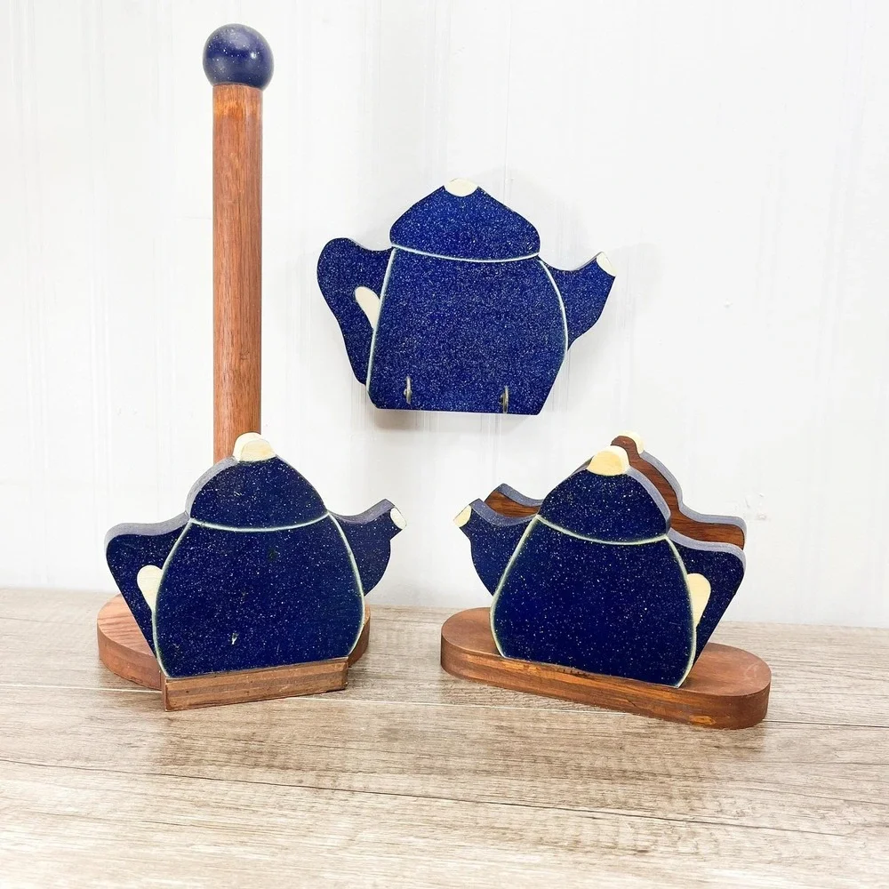 Blue Teapot Kitchen Decor Set:‎ Paper Towel & Napkin Holder, Oven Mitt Hook